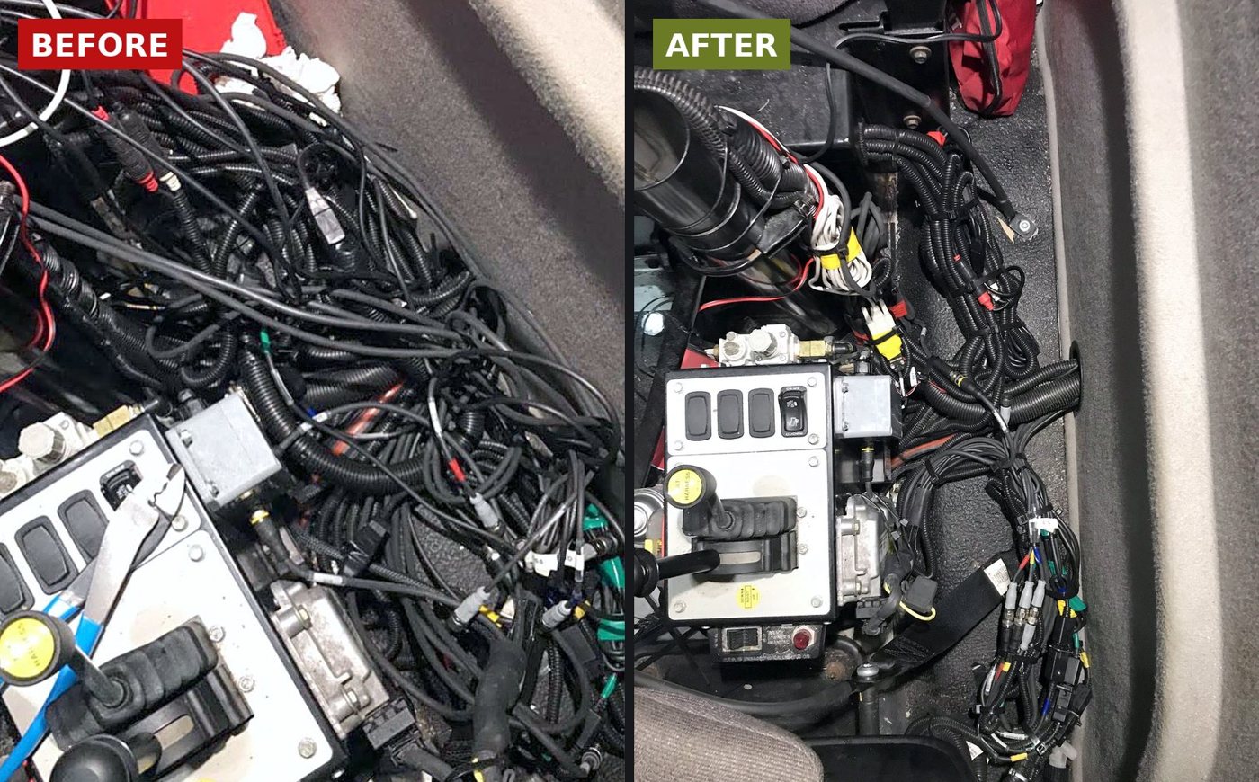 Plow console wiring before and after WTM clean-up