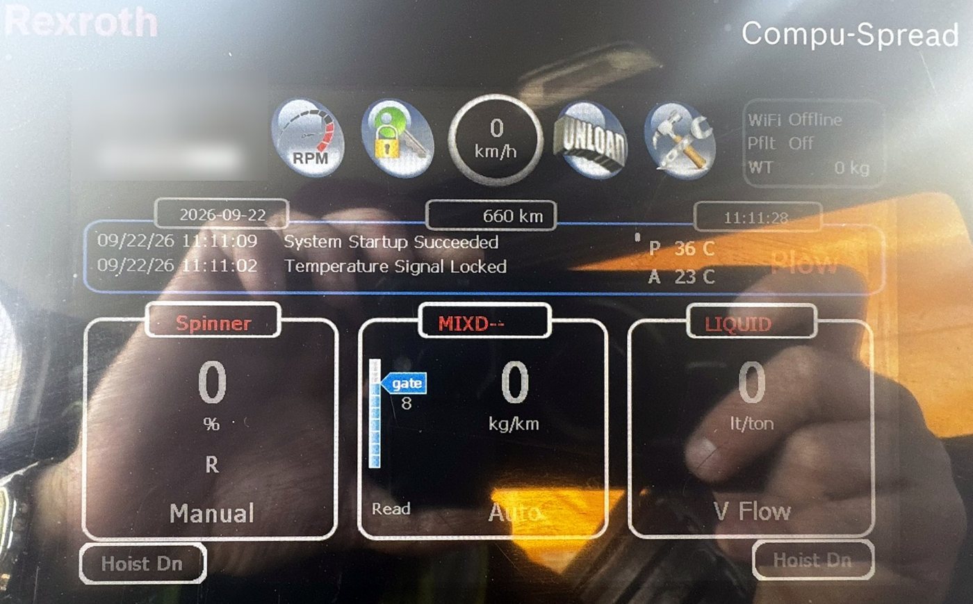 Spreader controller screen during calibration